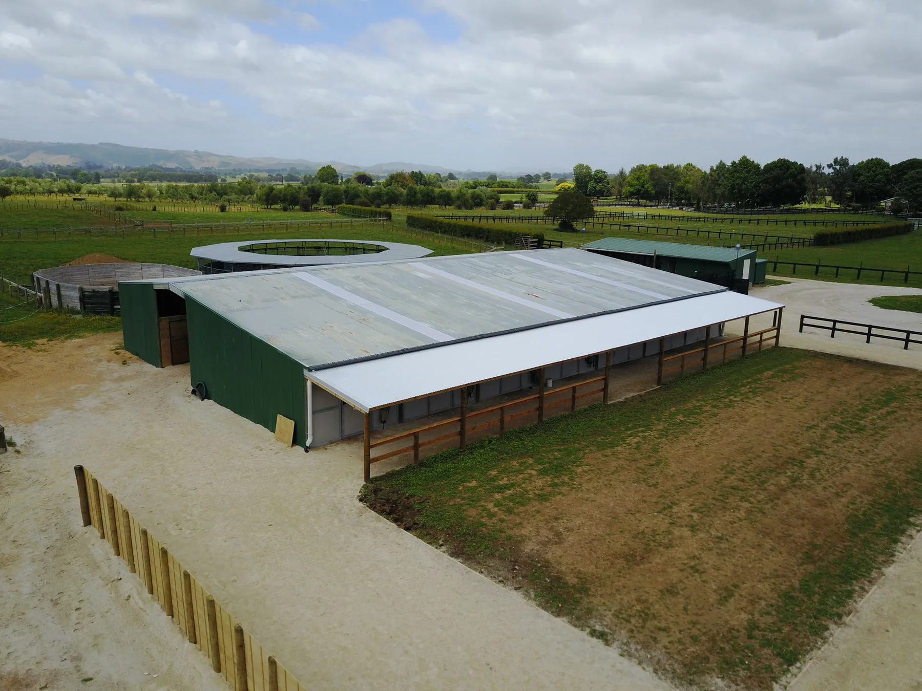 Aerial view of a wide, long storage shed built by We Do It All Ltd